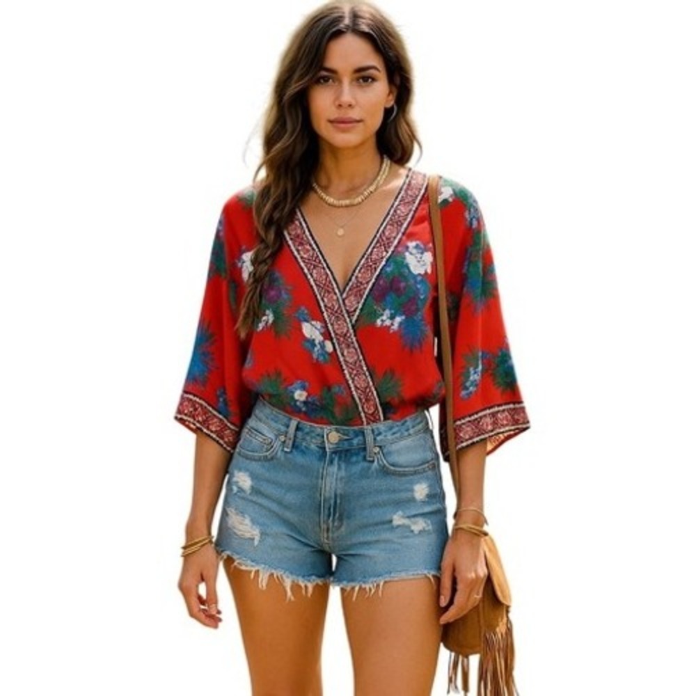 Flying Tomato Wrap Blouse Orange Multicolor Boho Tropical Elastic‎ Waist Medium